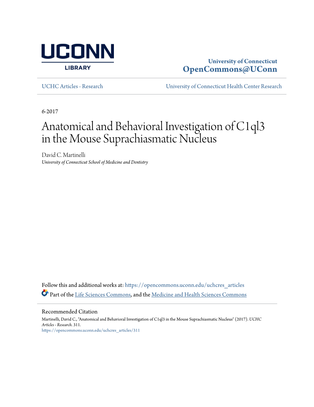 Anatomical and Behavioral Investigation of C1ql3 in the Mouse Suprachiasmatic Nucleus David C