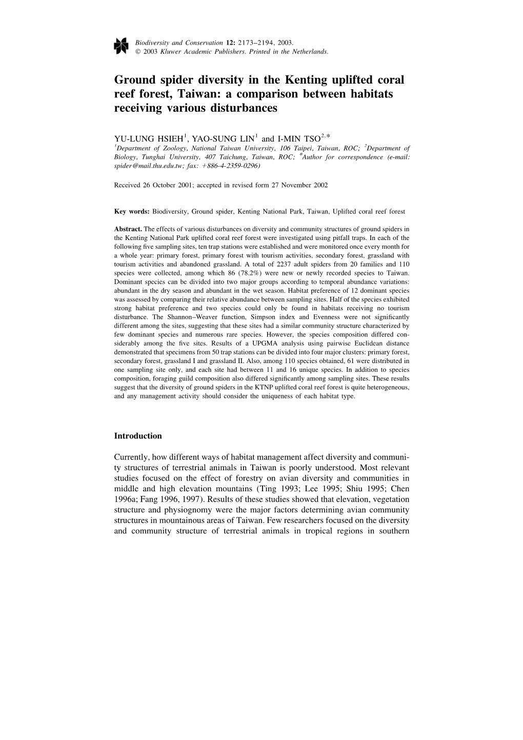 Ground Spider Diversity in the Kenting Uplifted Coral Reef Forest, Taiwan: a Comparison Between Habitats Receiving Various Disturbances