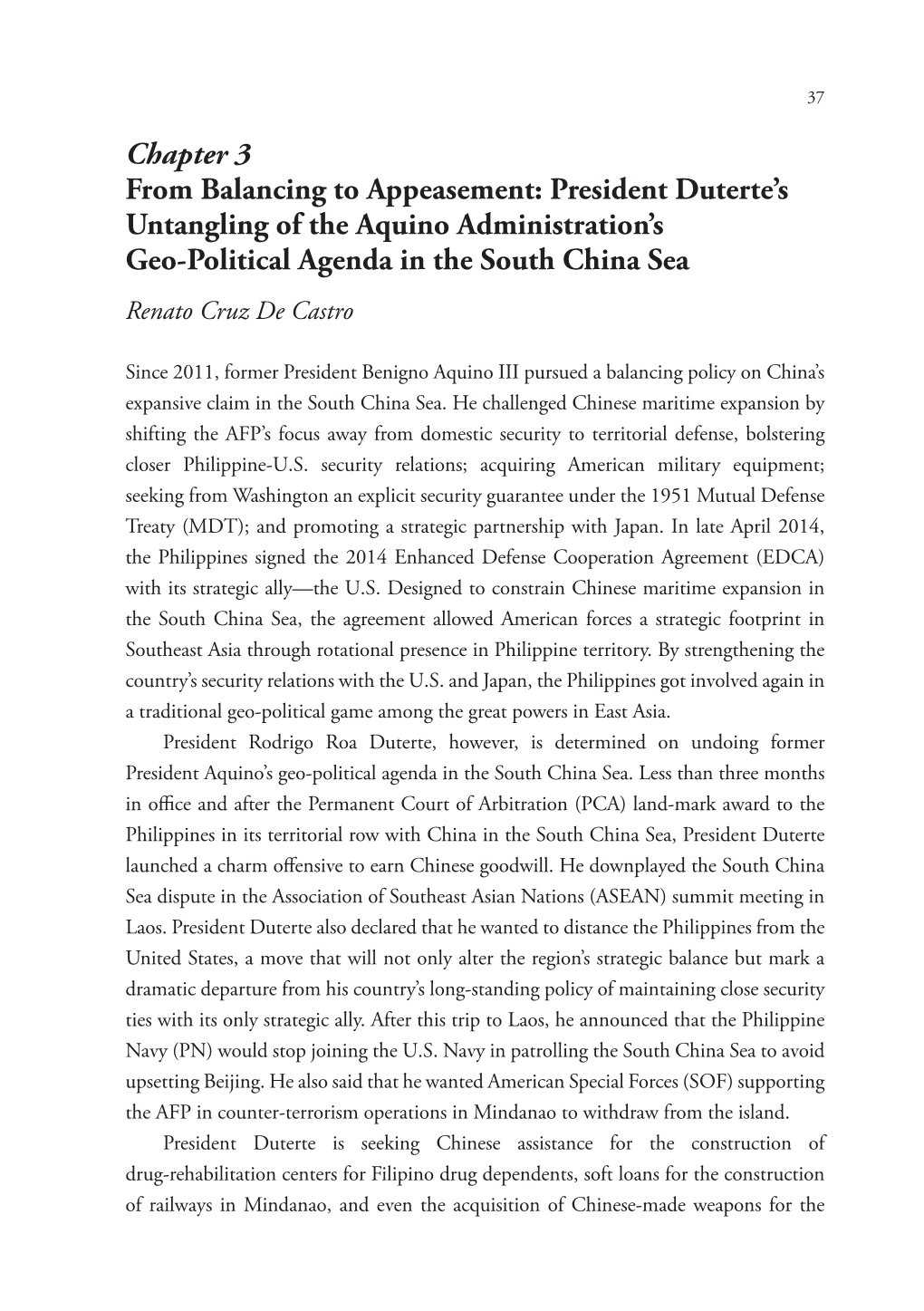 Chapter 3 from Balancing to Appeasement: President Duterte's Untangling of the Aquino Administration's Geo-Political Agenda