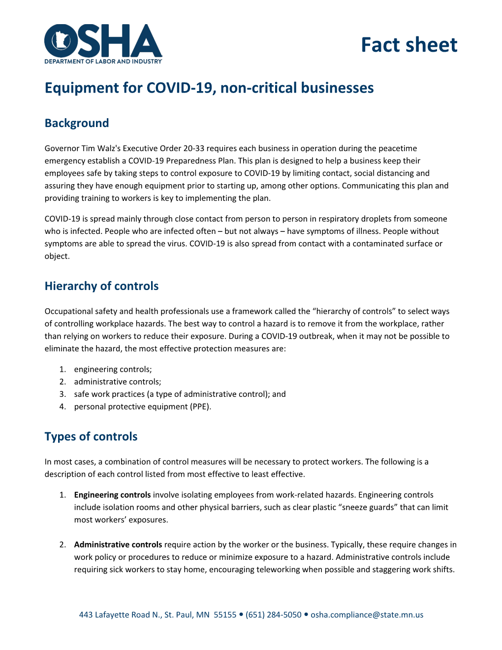 Equipment for COVID-19, Non-Essential Businesses