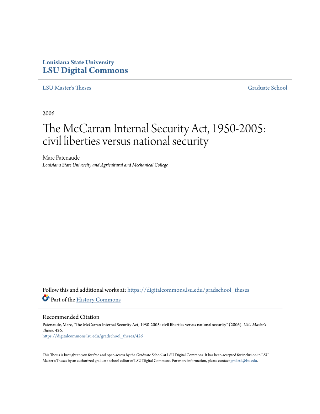 The Mccarran Internal Security Act, 1950-2005: Civil Liberties Versus National Security