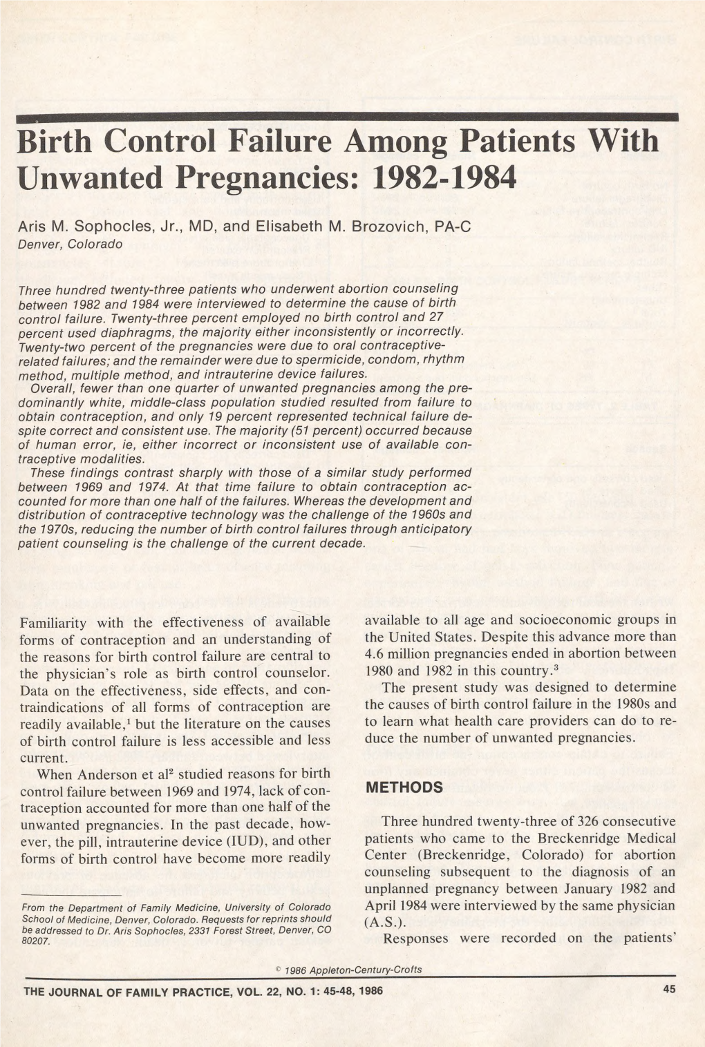 Birth Control Failure Among Patients with Unwanted Pregnancies: 1982-1984