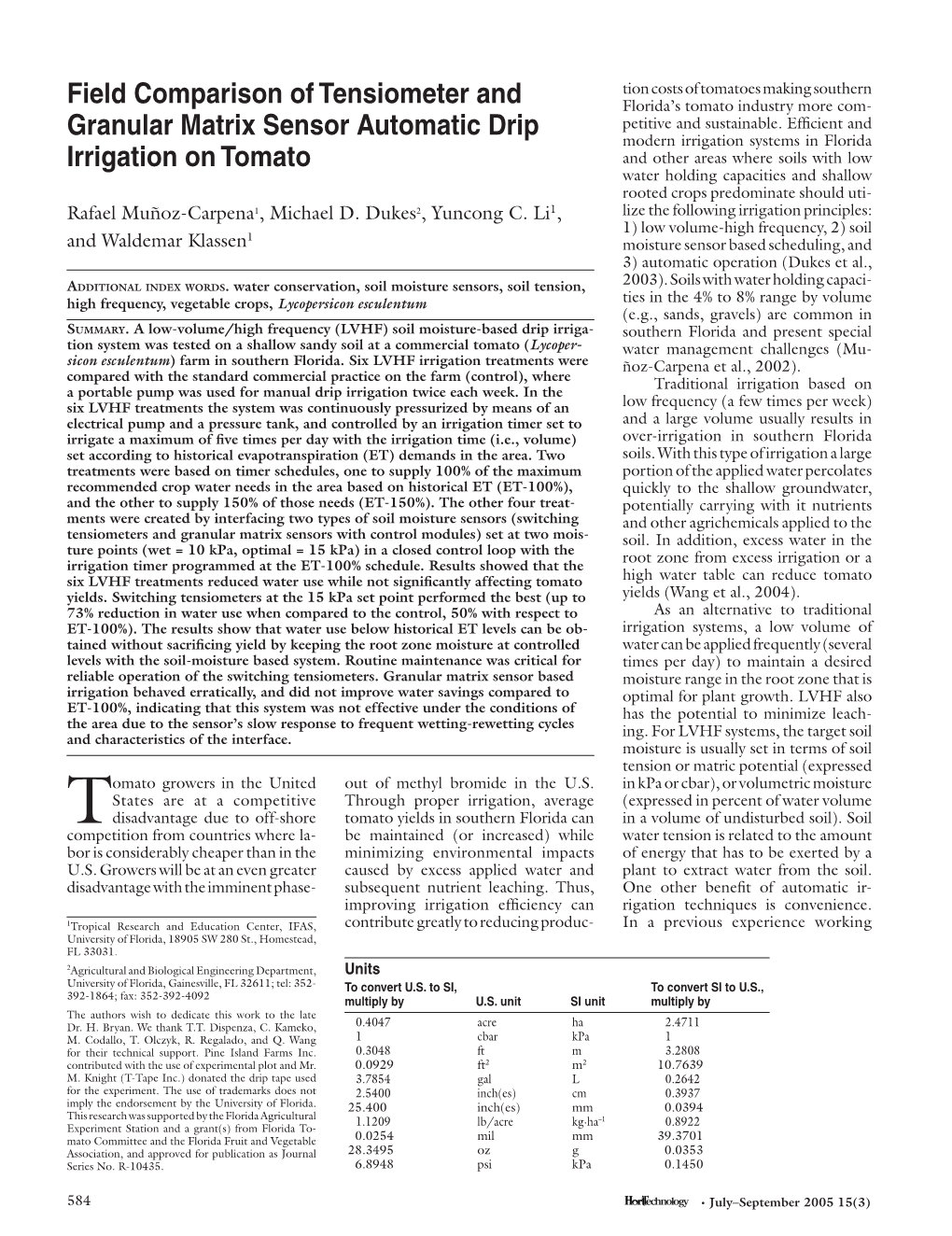 Field Comparison of Tensiometer and Granular Matrix Sensor Automatic