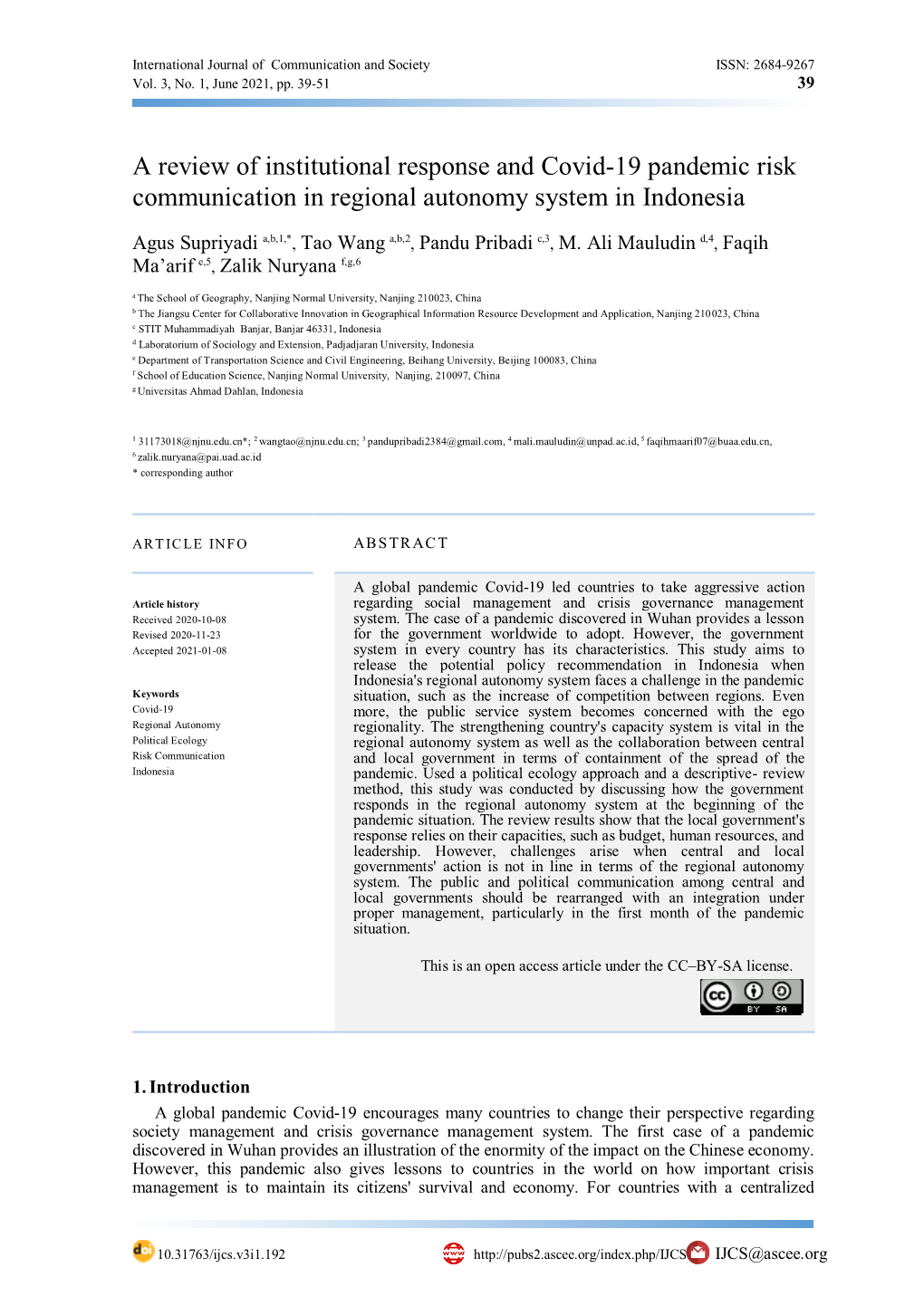 A Review of Institutional Response and Covid-19 Pandemic Risk Communication in Regional Autonomy System in Indonesia