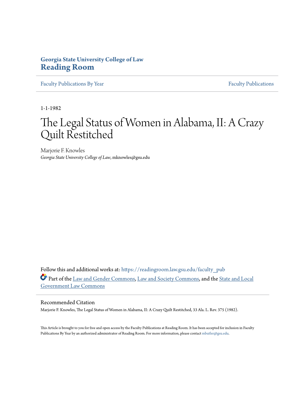 The Legal Status of Women in Alabama, II: a Crazy Quilt Restitched Marjorie F