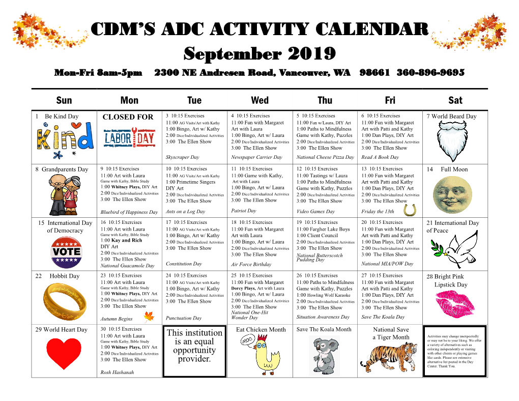 CDM's ADC ACTIVITY CALENDAR September 2019