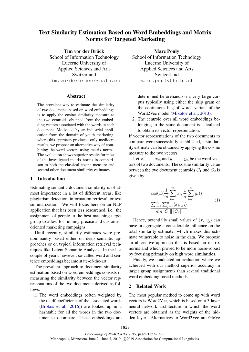 Text Similarity Estimation Based on Word Embeddings and Matrix Norms for Targeted Marketing