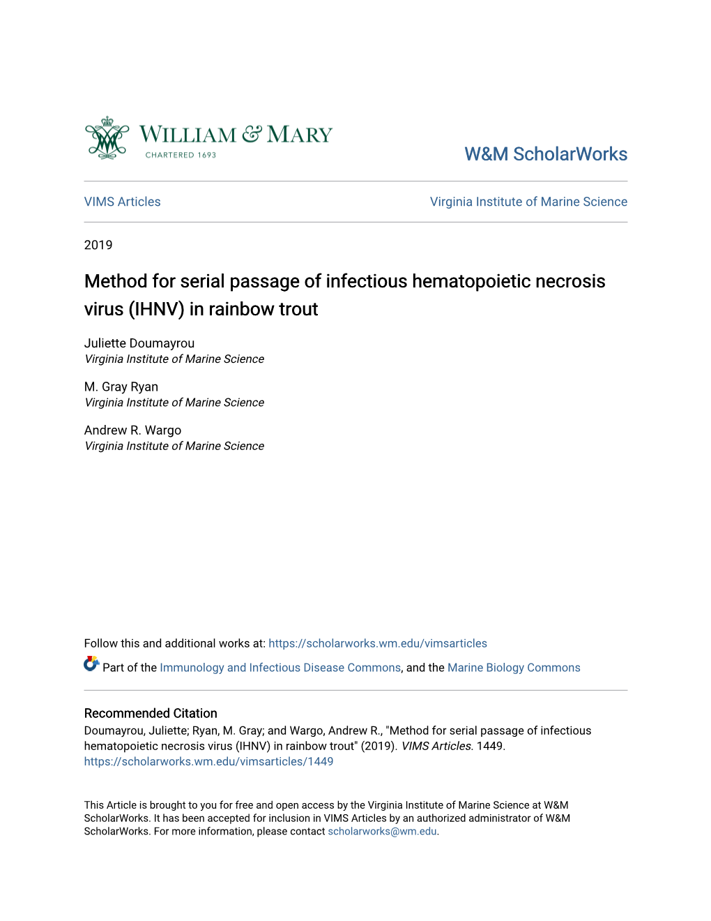 Method for Serial Passage of Infectious Hematopoietic Necrosis Virus (IHNV) in Rainbow Trout