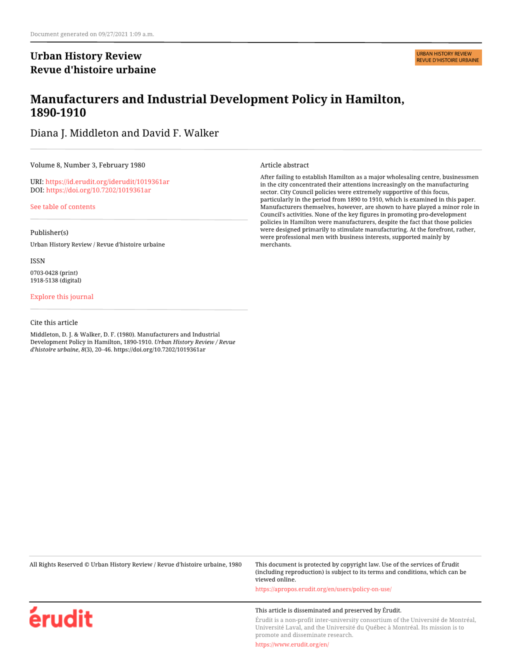 Manufacturers and Industrial Development Policy in Hamilton, 1890-1910 Diana J