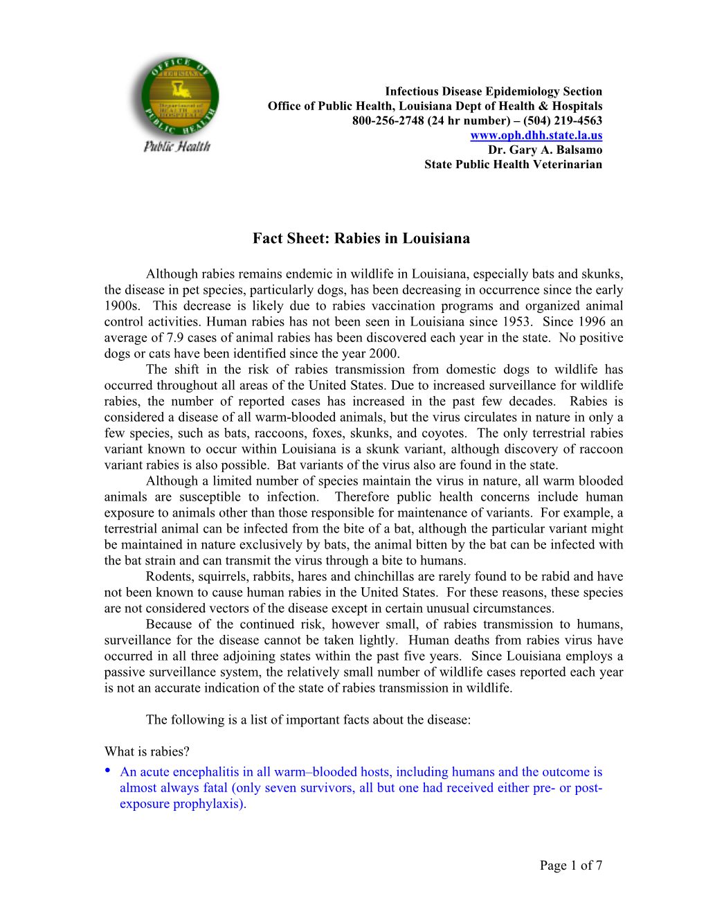 Fact Sheet: Rabies in Louisiana