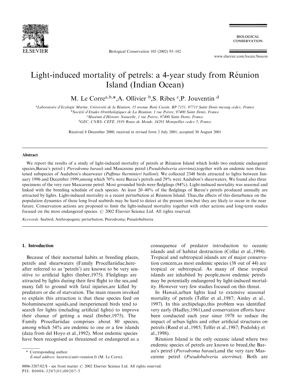 Light-Induced Mortality of Petrels: a 4-Year Study from Re´Union Island