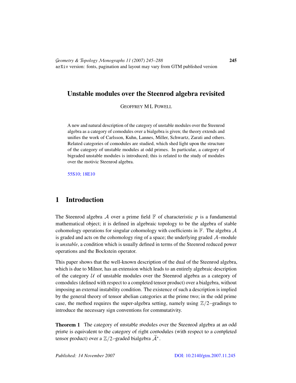 Unstable Modules Over the Steenrod Algebra Revisited 1 Introduction