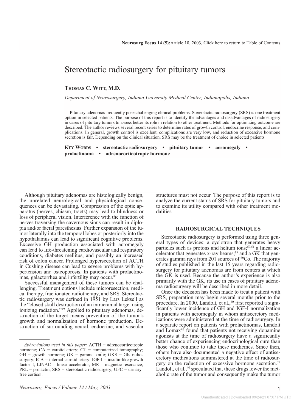 Stereotactic Radiosurgery for Pituitary Tumors