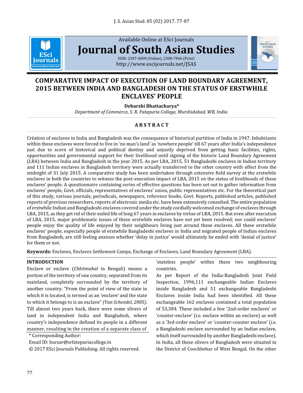 Comparative Impact of Execution of Land Boundary Agreement, 2015 Between India and Bangladesh on the Status of Erstwhile Enclave