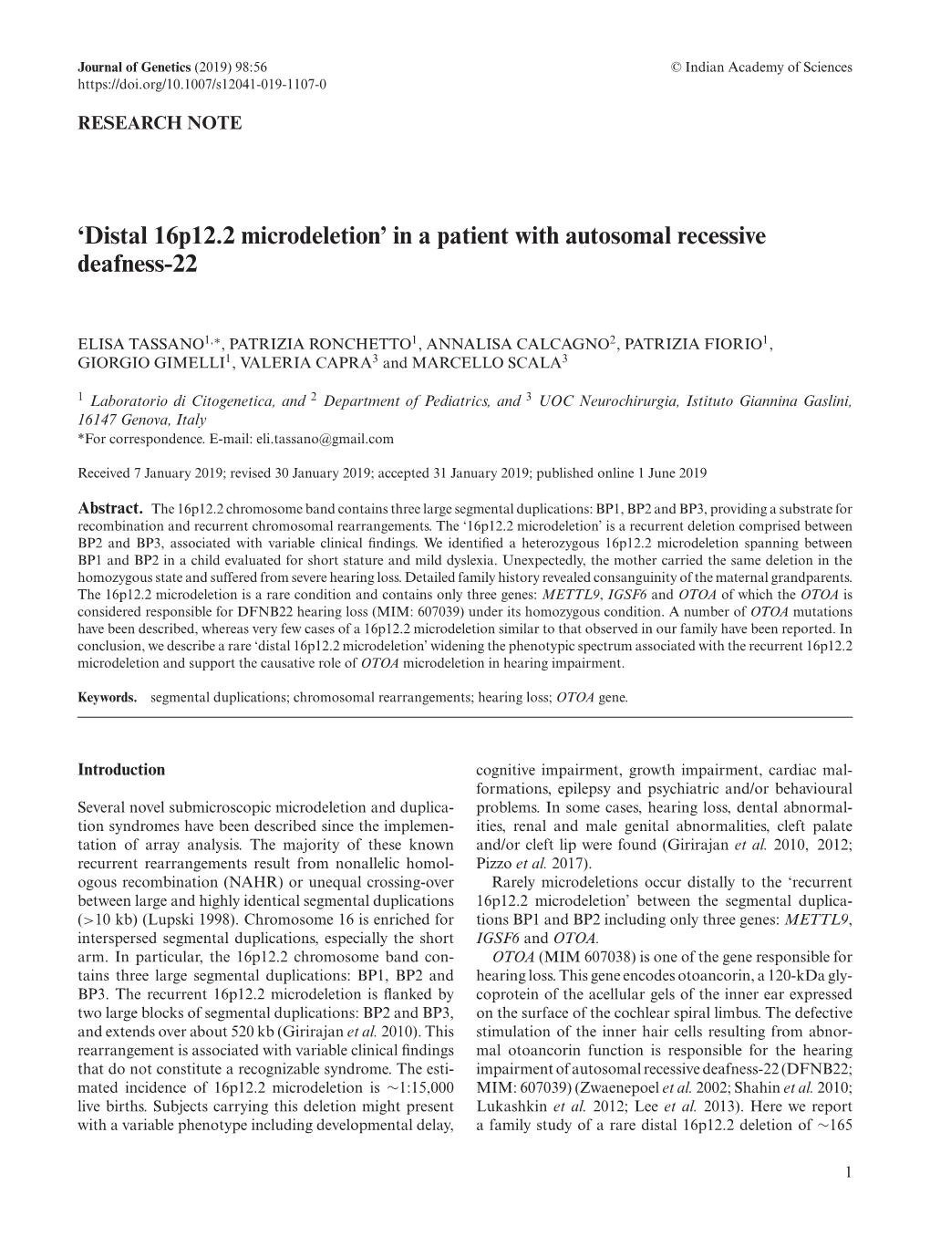 'Distal 16P12.2 Microdeletion' in a Patient with Autosomal Recessive