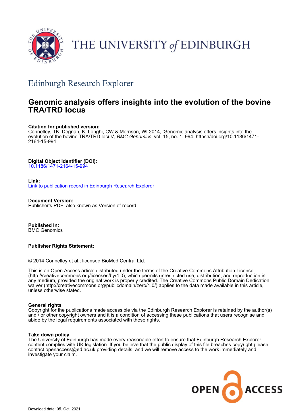 Genomic Analysis Offers Insights Into the Evolution of the Bovine TRA/TRD Locus', BMC Genomics, Vol