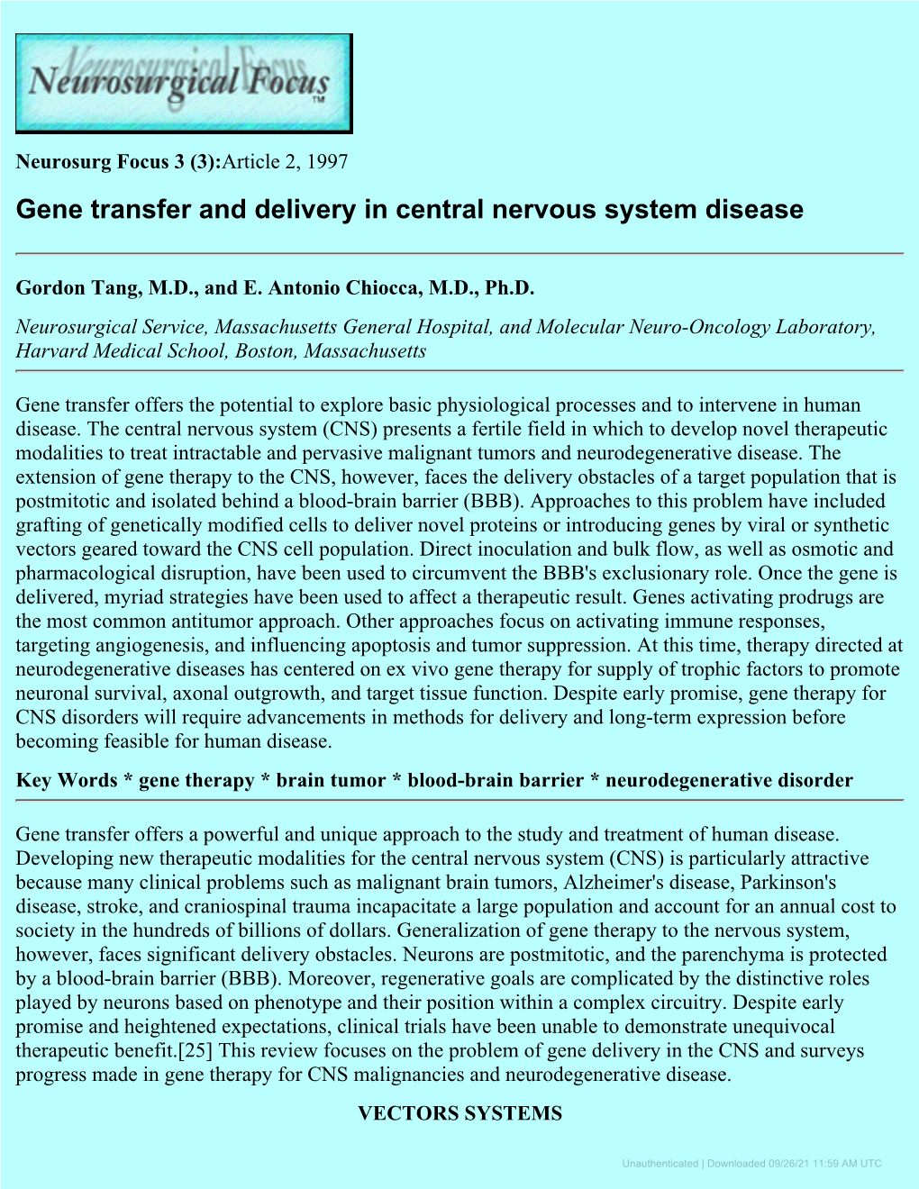 Gene Transfer and Delivery in Central Nervous System Disease