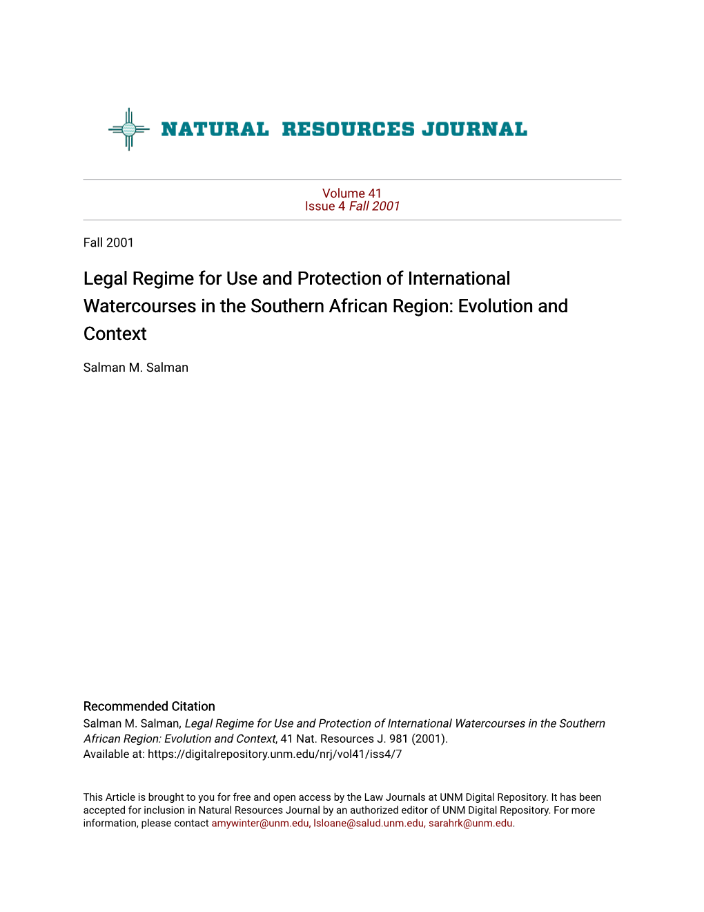 Legal Regime for Use and Protection of International Watercourses in the Southern African Region: Evolution and Context