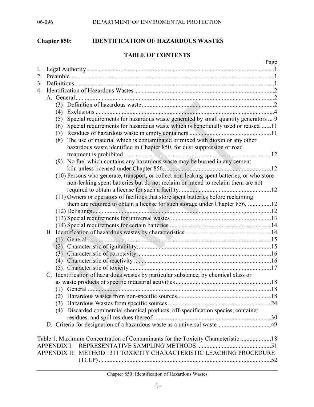 Chapter 850: IDENTIFICATION of HAZARDOUS WASTES