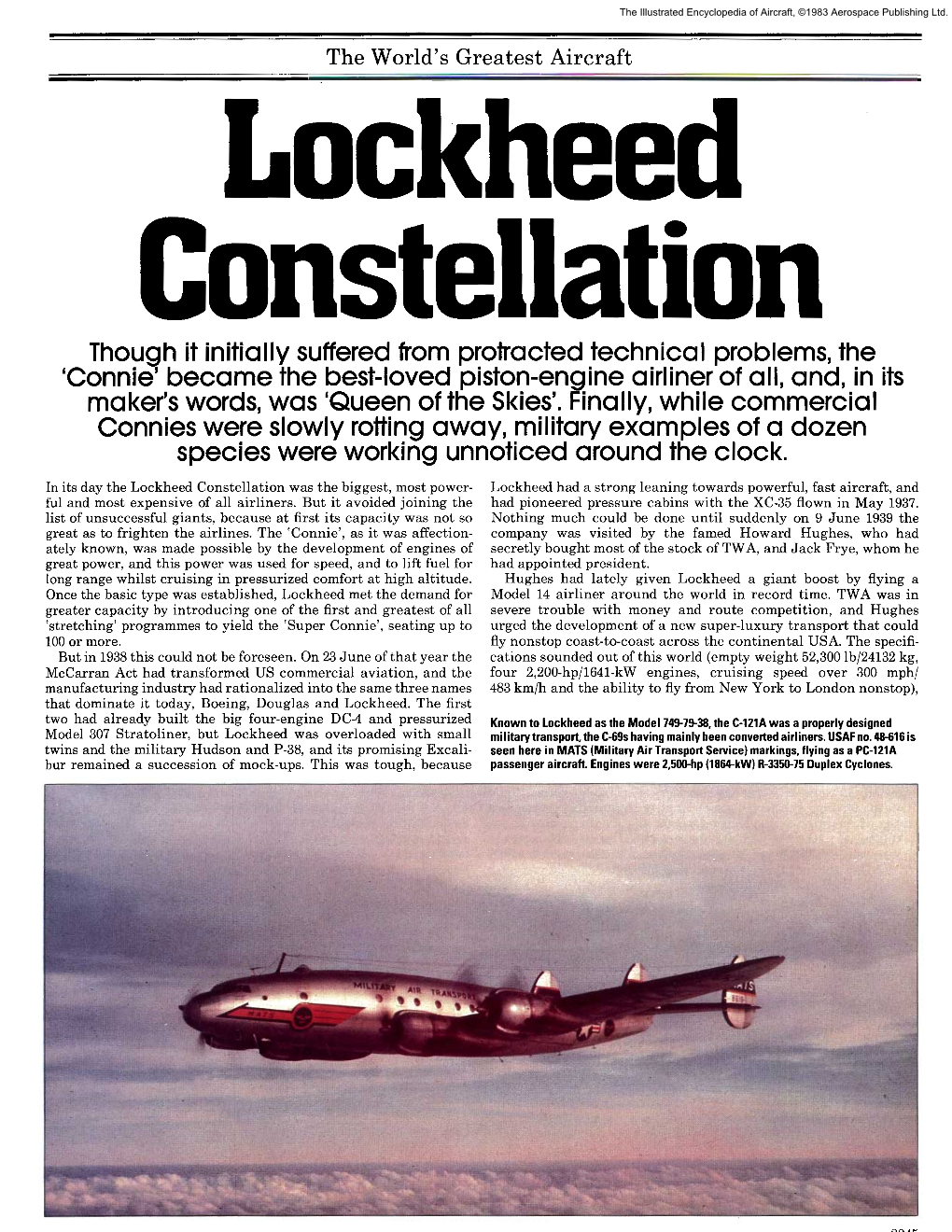 Lockheed Constellation Was the Biggest, Most Power - Lockheed Had a Strong Leaning Towards Powerful, Fast Aircraft, and Ful and Most Expensive of All Airliners