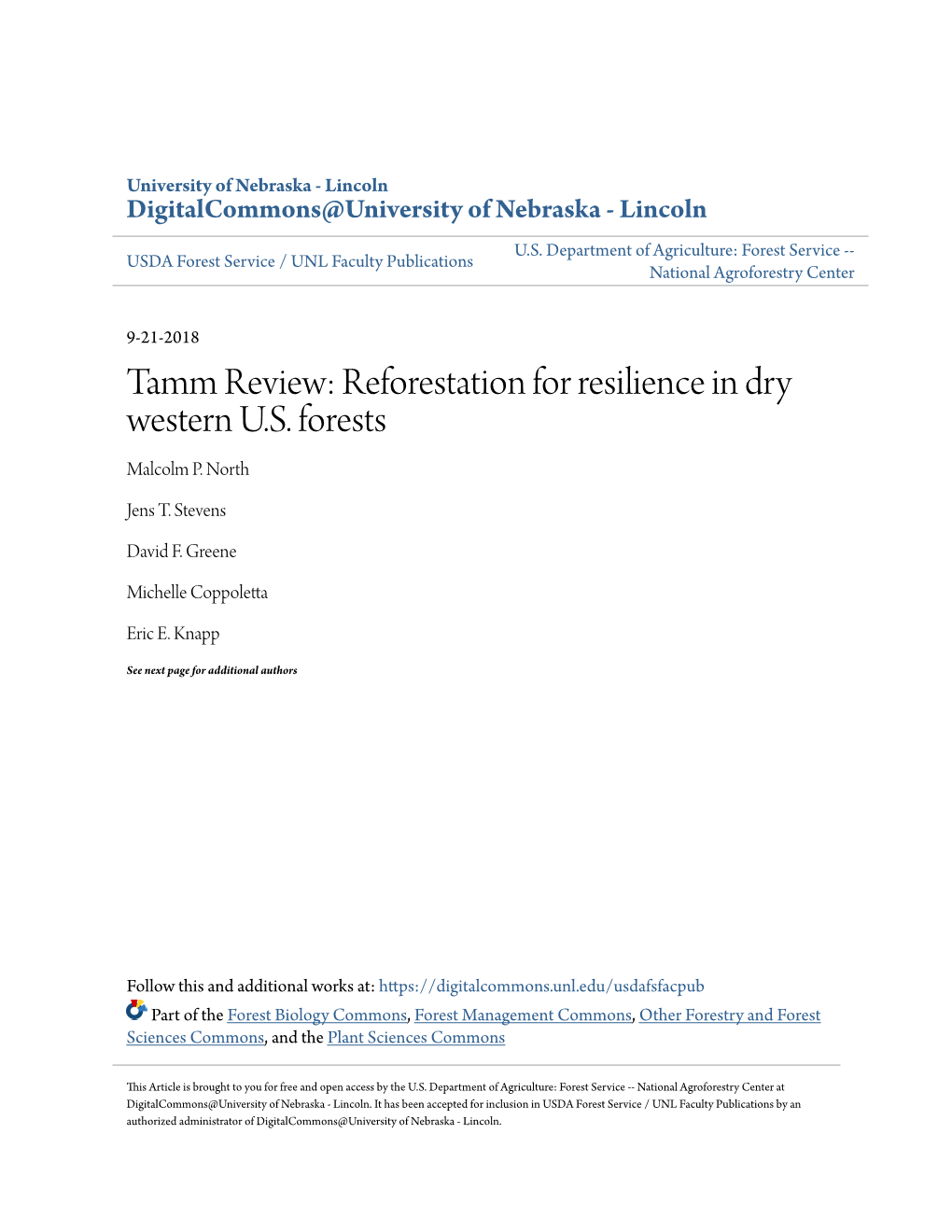 Tamm Review: Reforestation for Resilience in Dry Western U.S. Forests Malcolm P