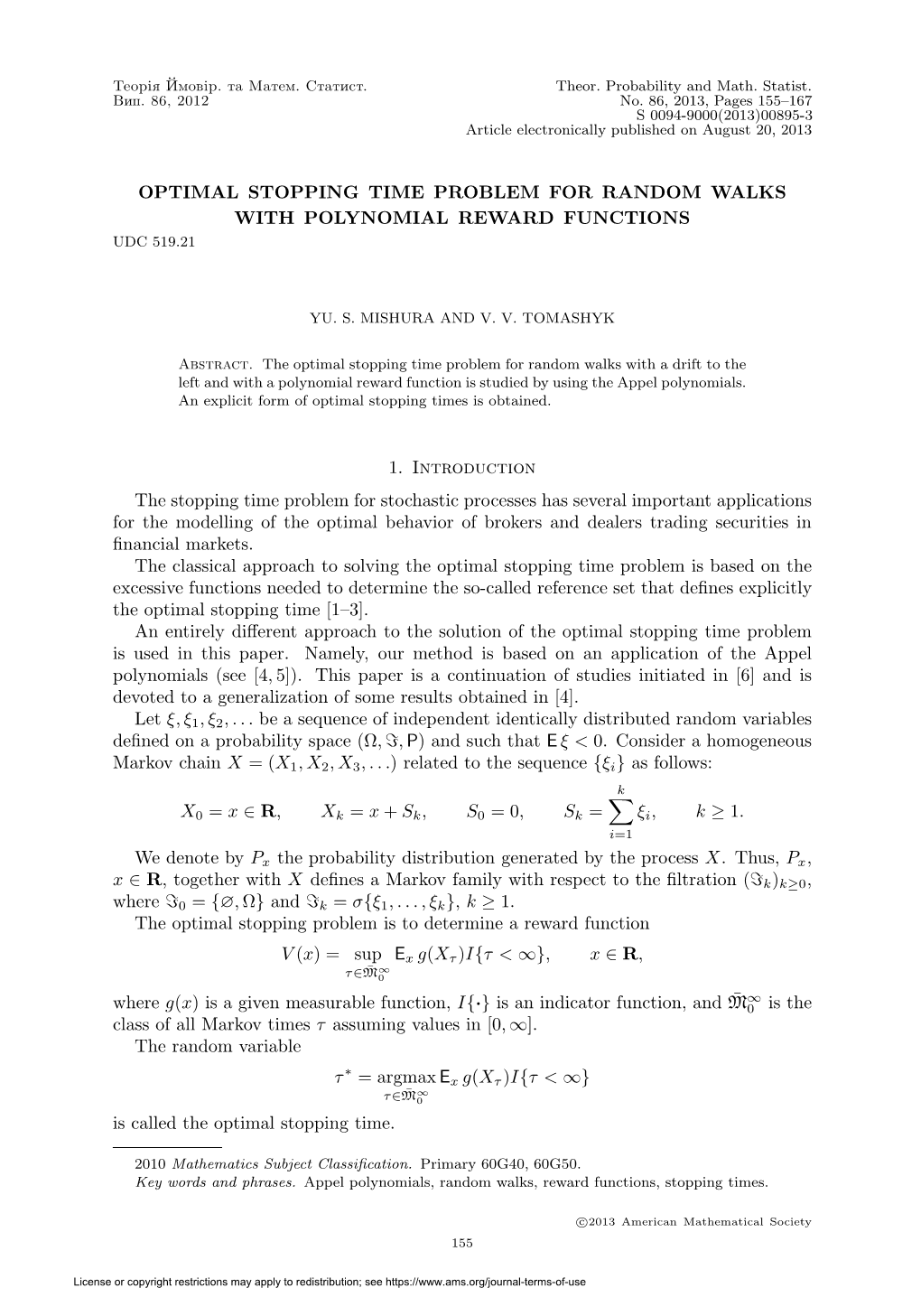 Optimal Stopping Time Problem for Random Walks with Polynomial Reward Functions Udc 519.21