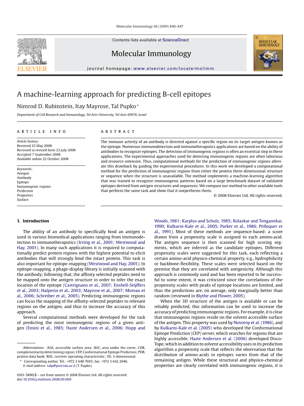 Molecular Immunology a Machine-Learning Approach for Predicting B-Cell Epitopes