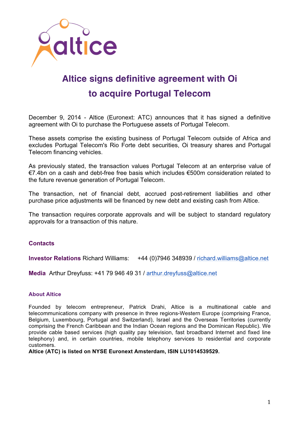 Altice Signs Definitive Agreement with Oi to Acquire Portugal Telecom