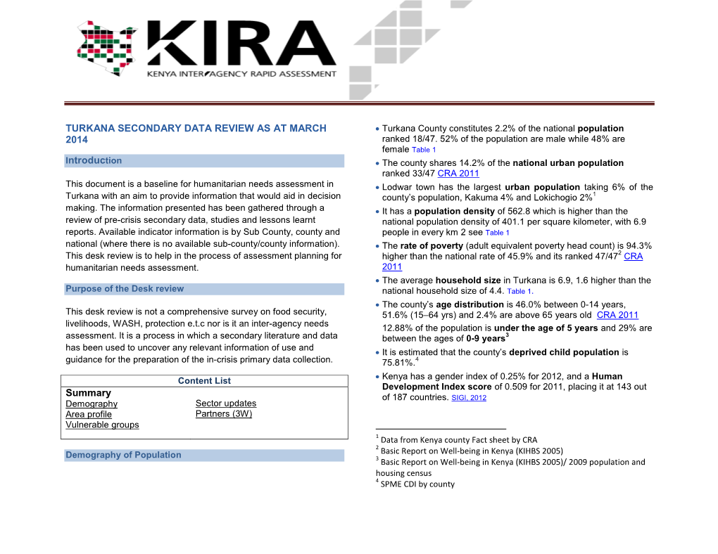 Turkana County Constitutes 2.2% of the National Population 2014 Ranked 18/47