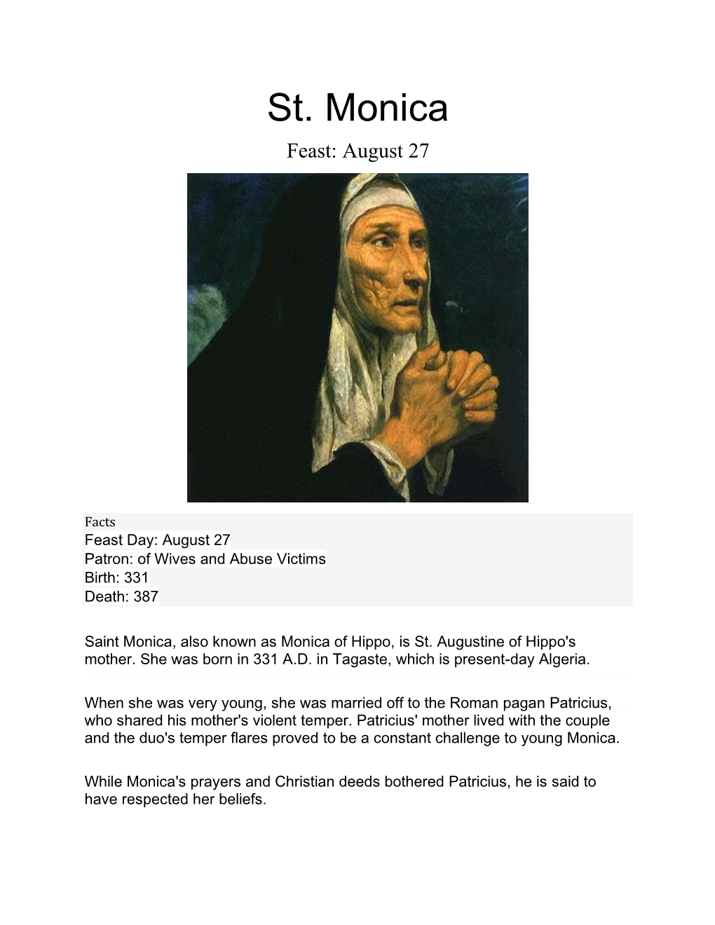 St. Monica Feast: August 27
