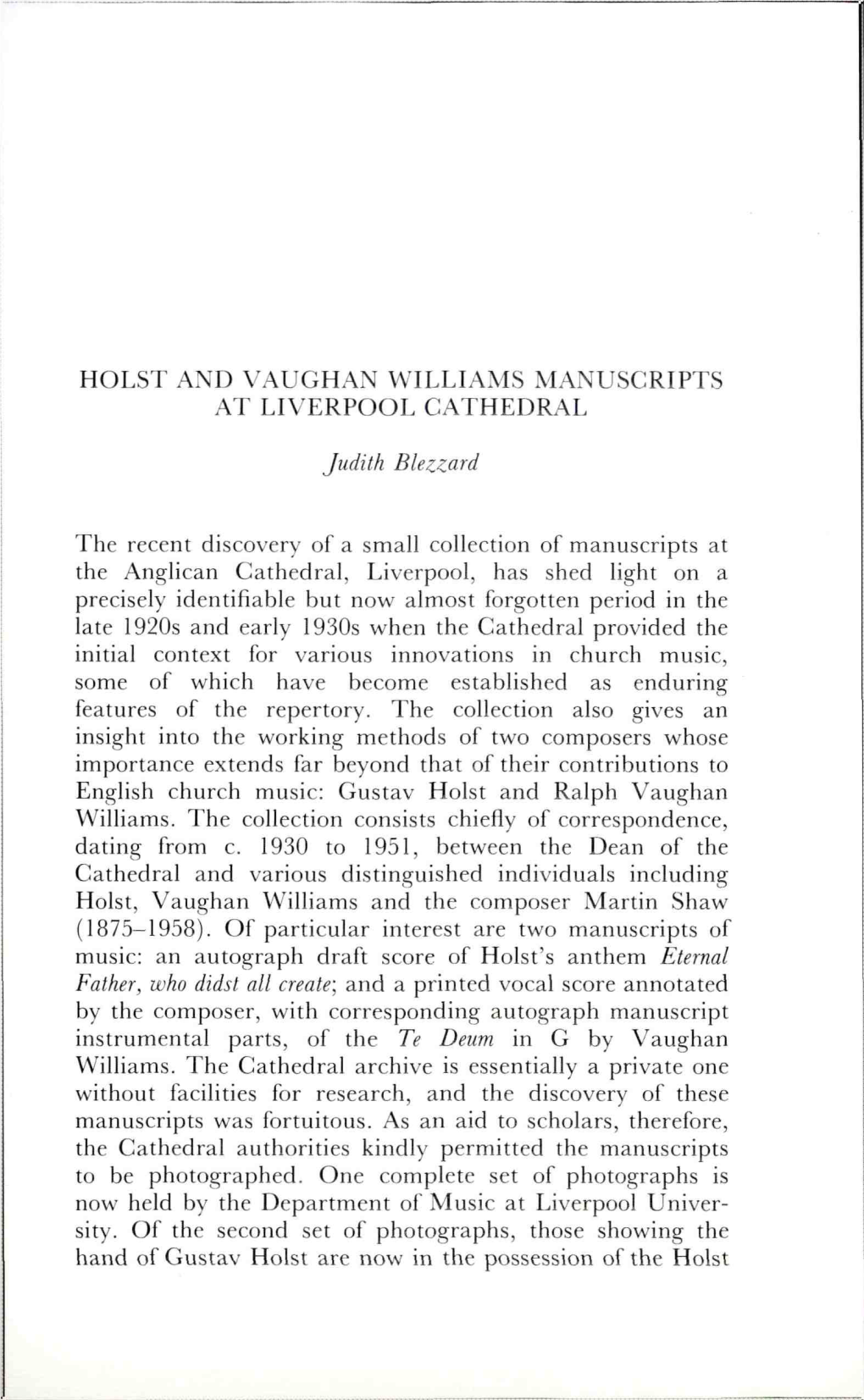 Holst and Vaughan Williams Manuscripts at Liverpool Cathedral