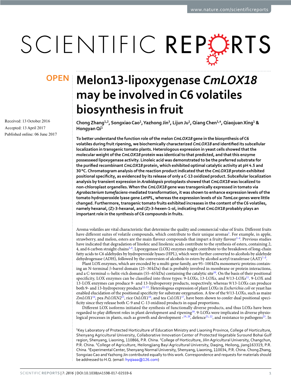 Melon13-Lipoxygenase Cmlox18 May Be Involved in C6 Volatiles