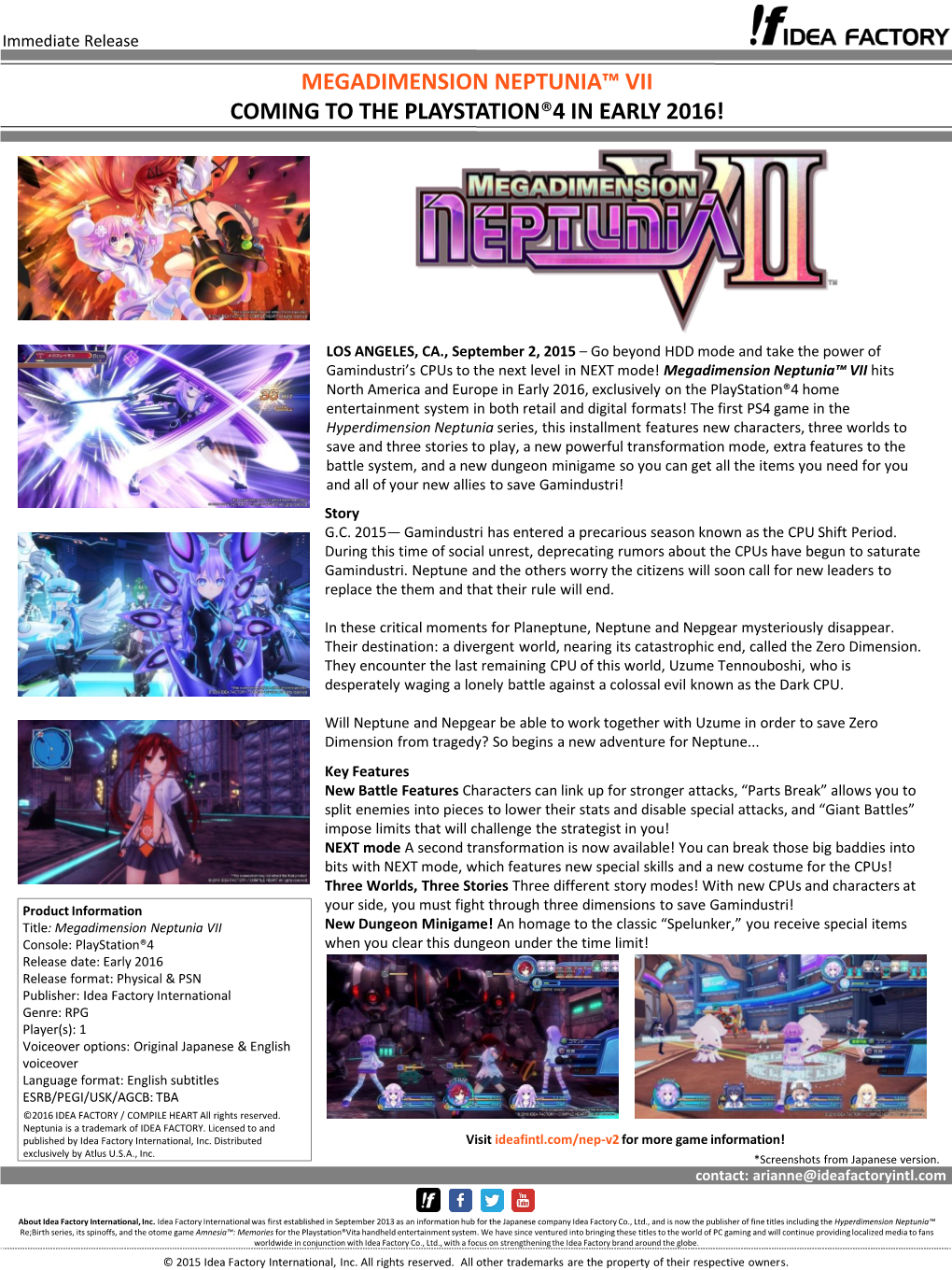 Megadimension Neptunia™ Vii Coming to the Playstation®4 in Early 2016!