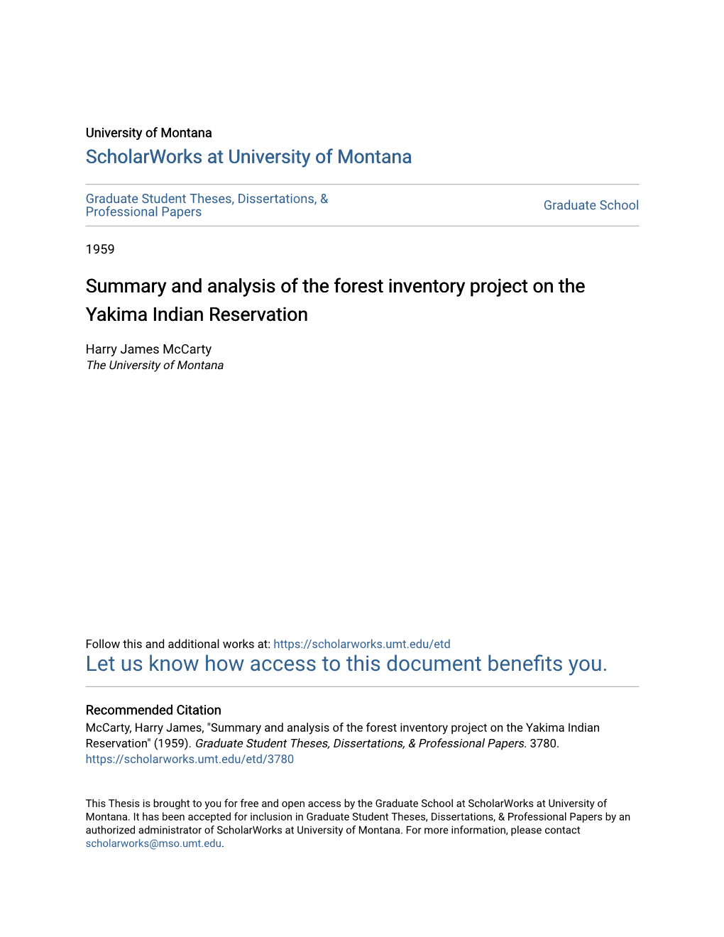 Summary and Analysis of the Forest Inventory Project on the Yakima Indian Reservation