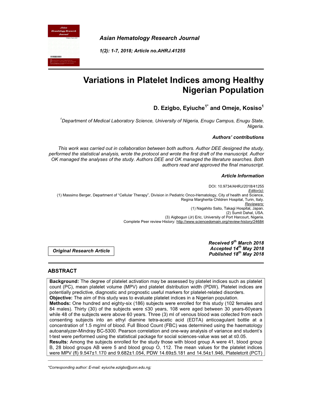 Variations in Platelet Indices Among Healthy Nigerian Population