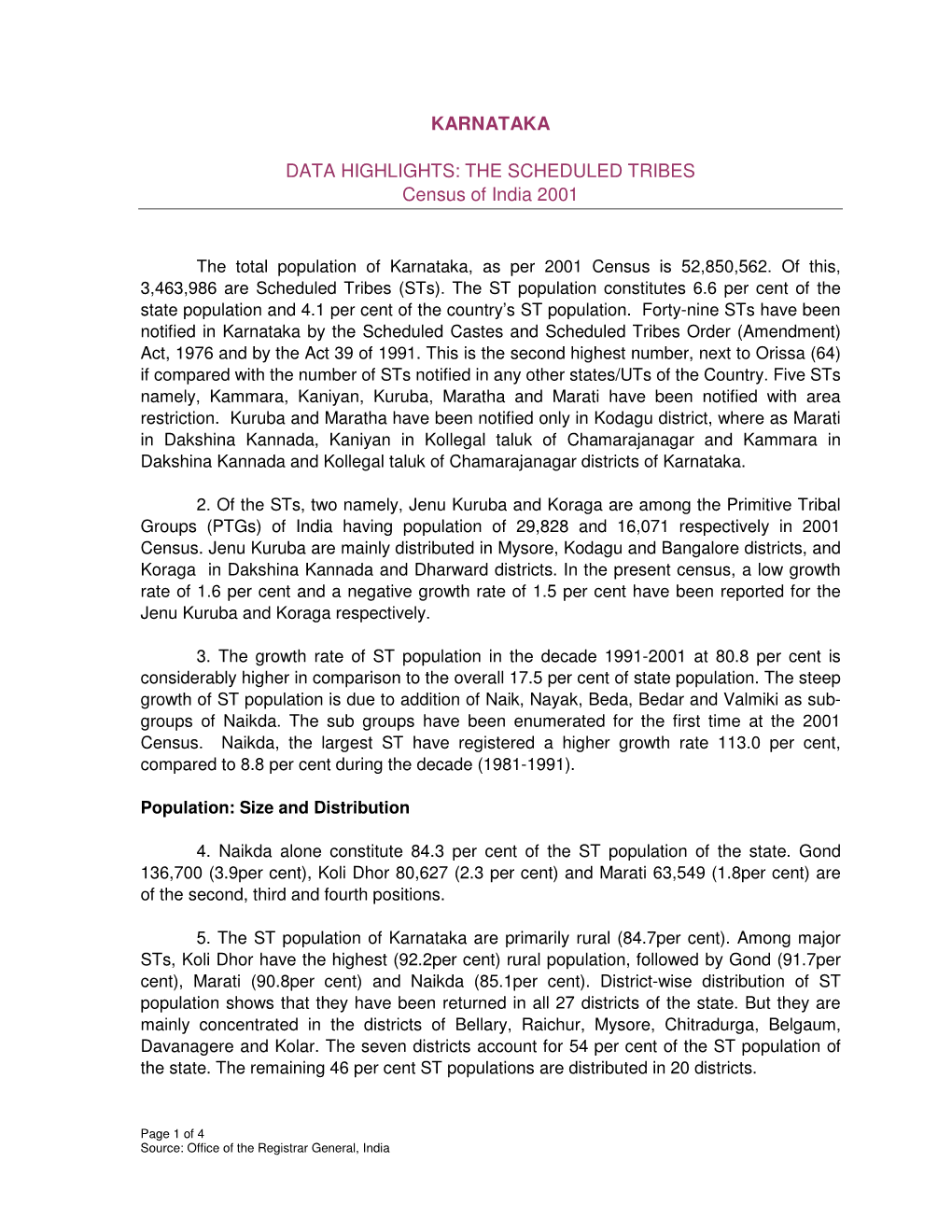 KARNATAKA DATA HIGHLIGHTS: the SCHEDULED TRIBES Census