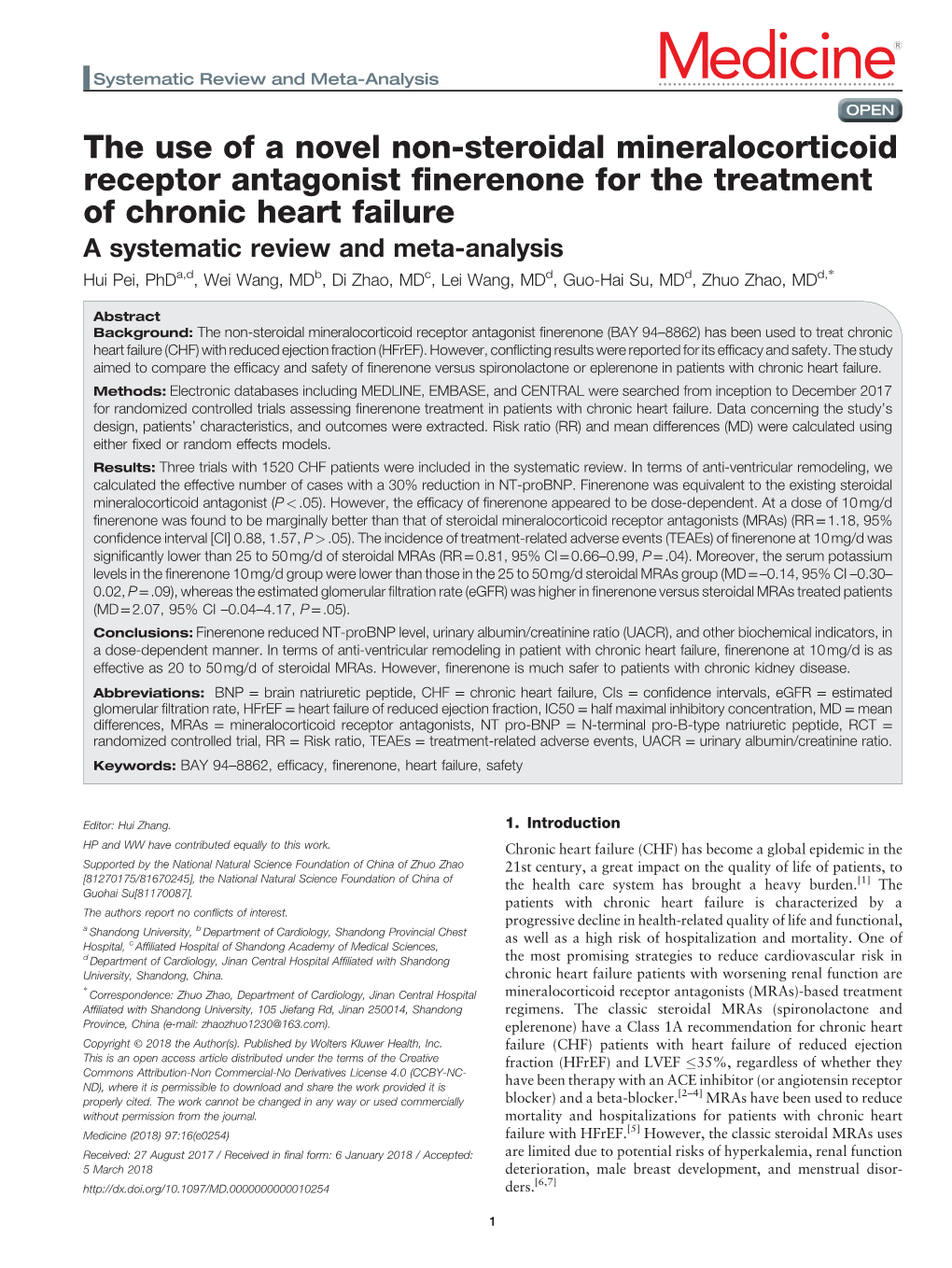 The Use of a Novel Non-Steroidal Mineralocorticoid Receptor