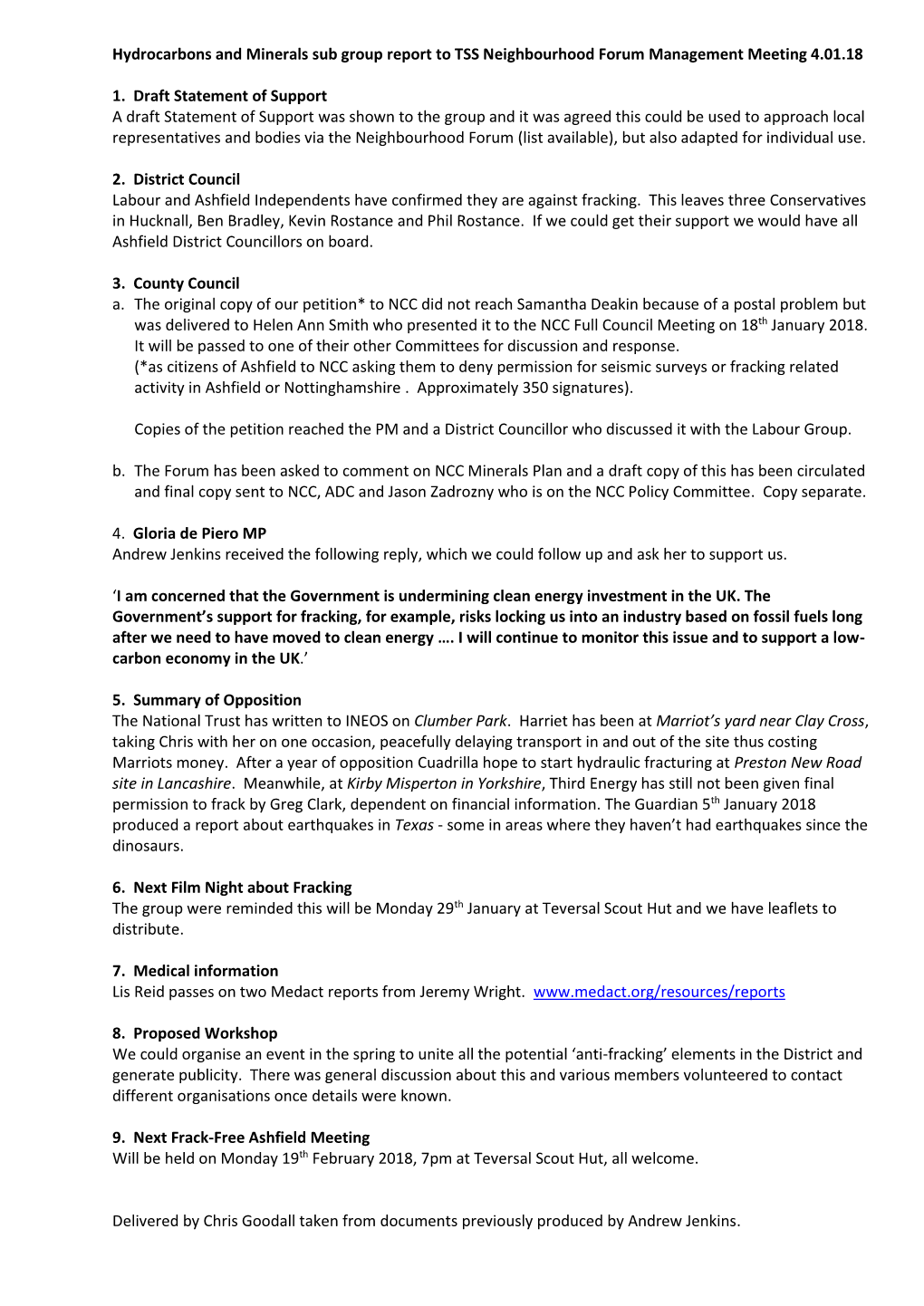 Hydrocarbons and Minerals Sub Group Report to TSS Neighbourhood Forum Management Meeting 4.01.18