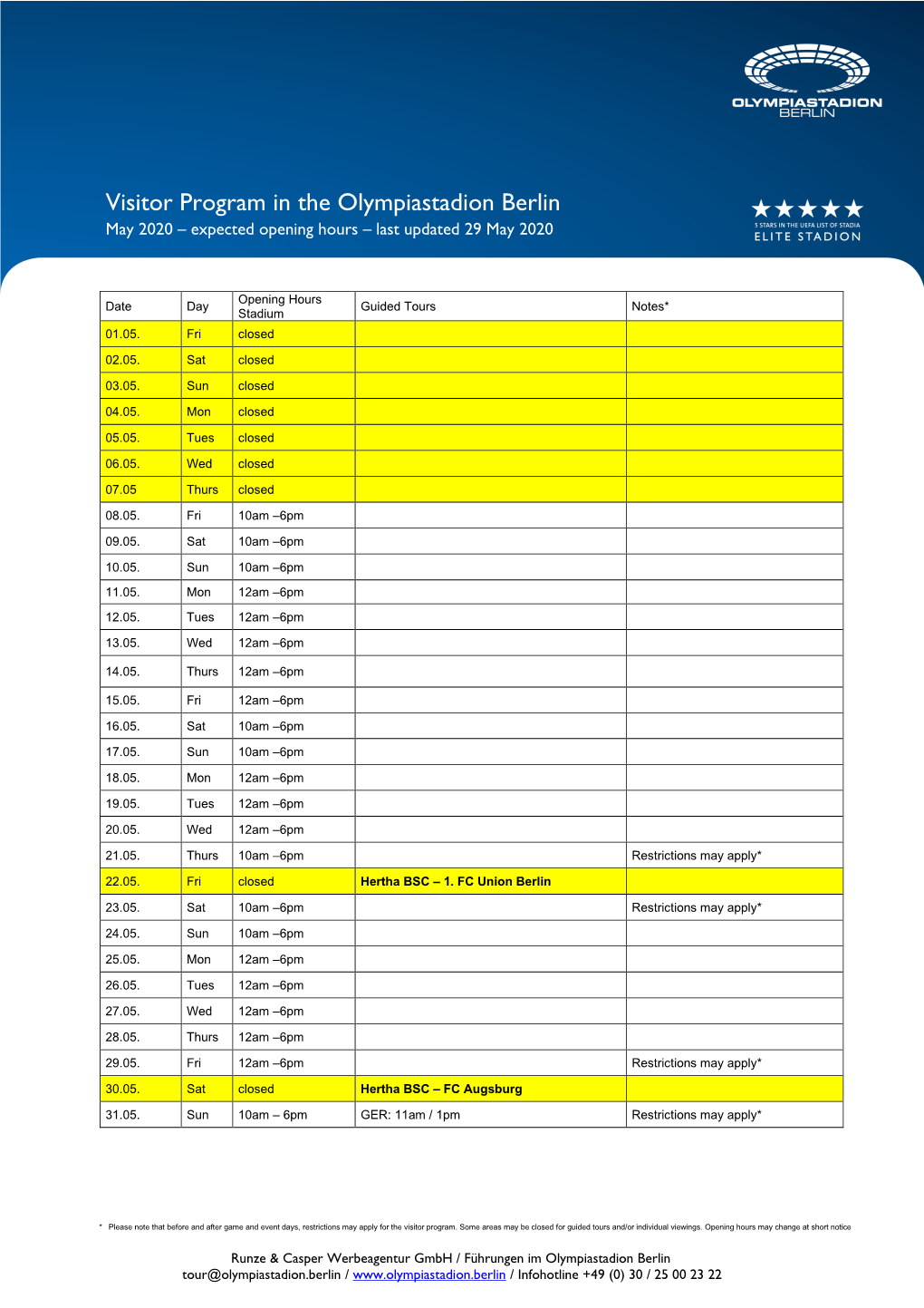 Visitor Program in the Olympiastadion Berlin May 2020 – Expected Opening Hours – Last Updated 29 May 2020