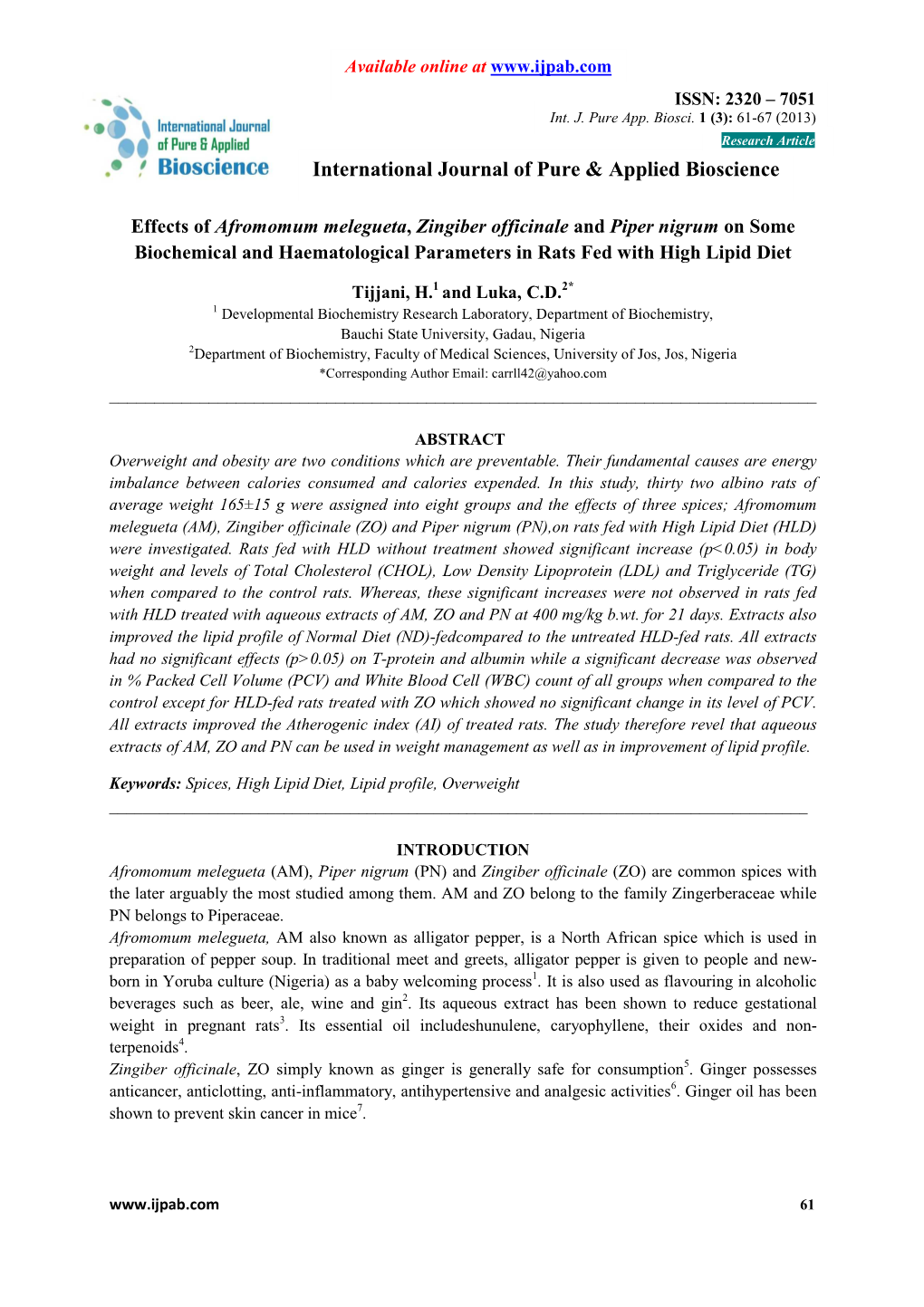 Effects of Afromomum Melegueta, Zingiber Officinale and Piper Nigrum