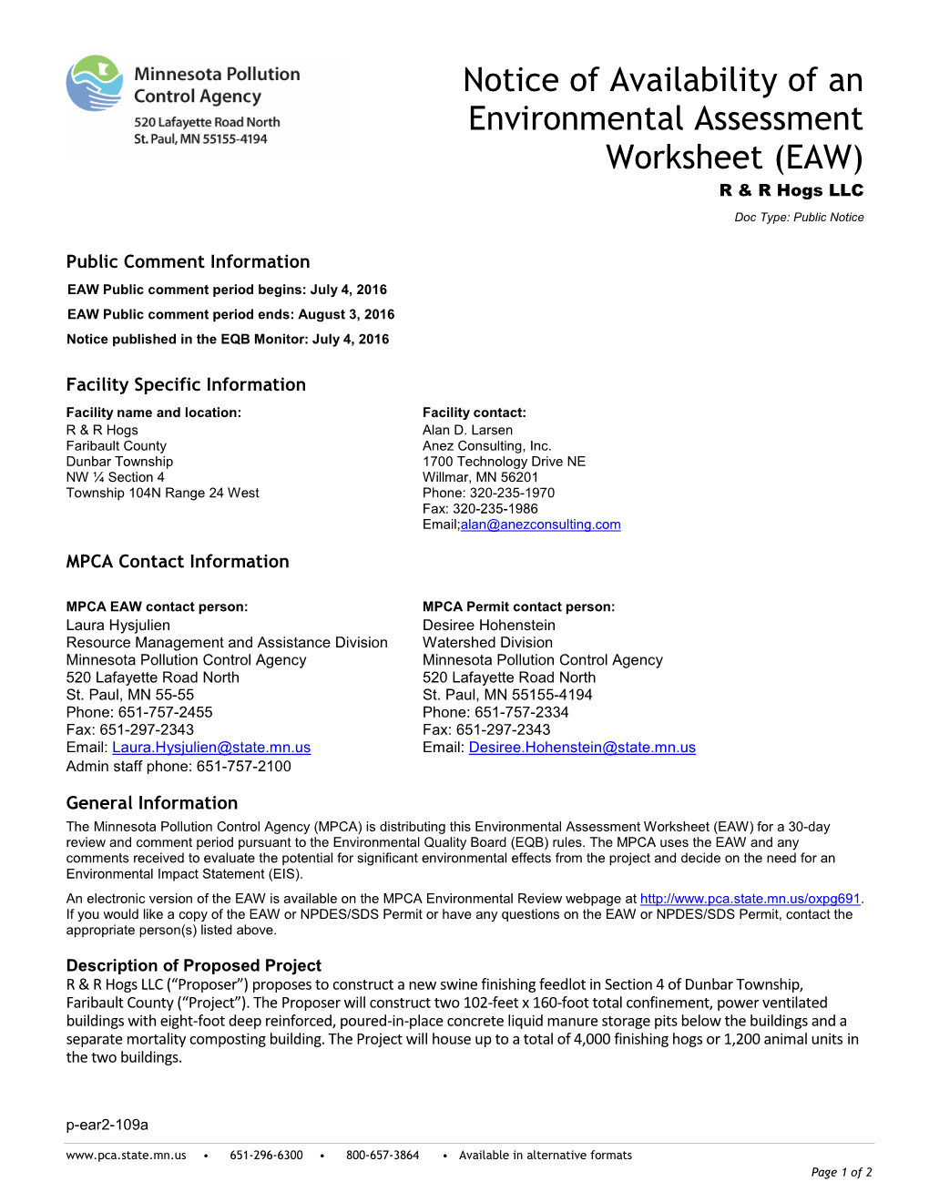 R & R Hogs LLC Environmental Assessment Worksheet
