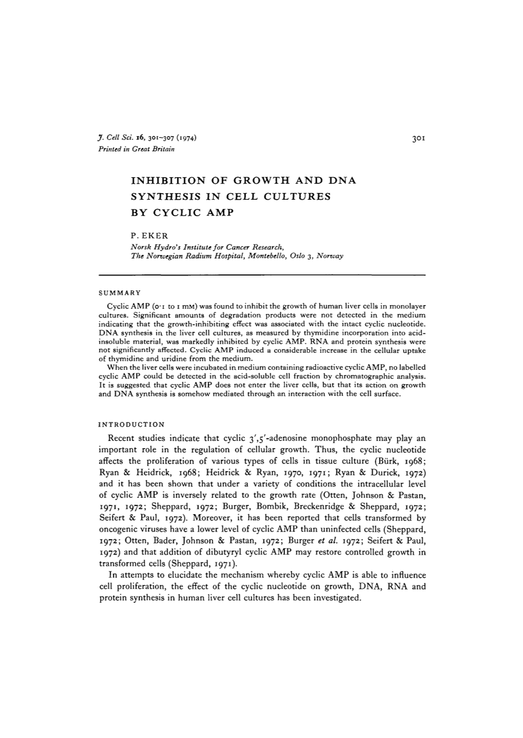 Inhibition of Growth and Dna Synthesis in Cell Cultures by Cyclic Amp