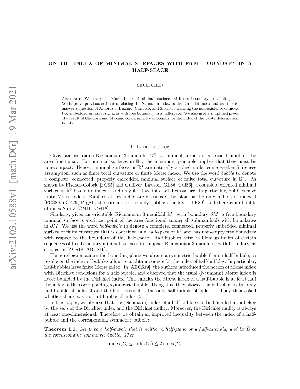 ON the INDEX of MINIMAL SURFACES with FREE BOUNDARY in a HALF-SPACE 3 a Unit Vector on ℓ [MR91]