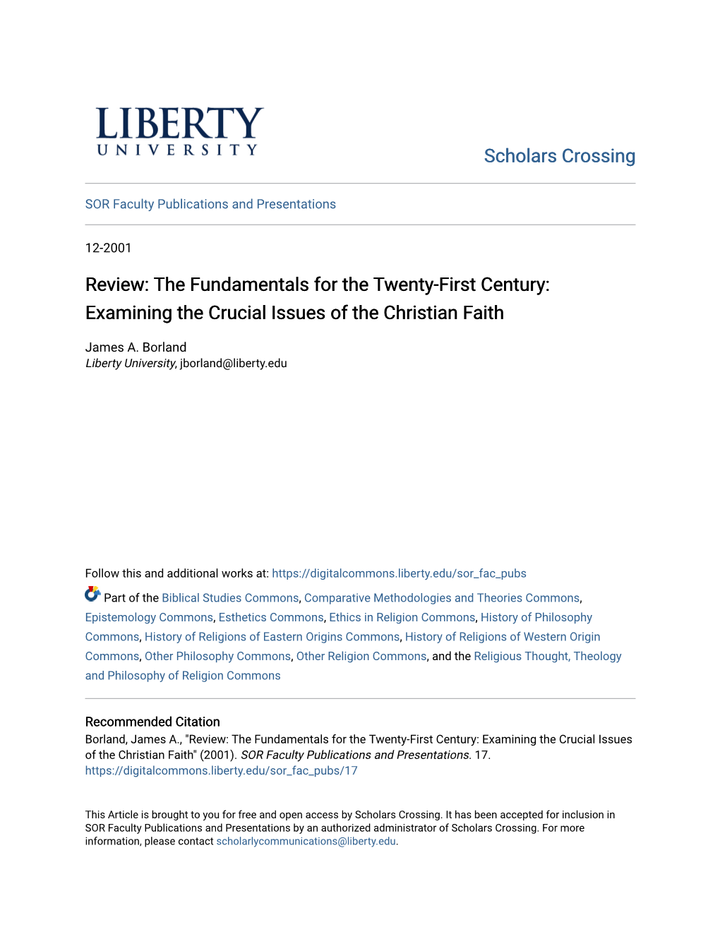 Review: the Fundamentals for the Twenty-First Century: Examining the Crucial Issues of the Christian Faith