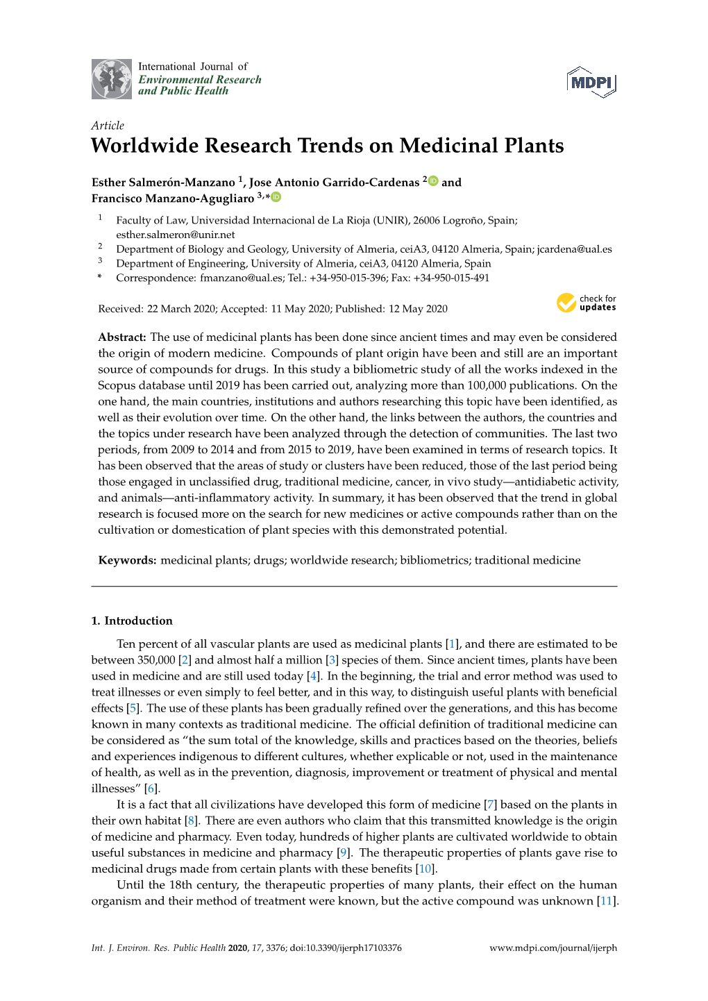 Worldwide Research Trends on Medicinal Plants