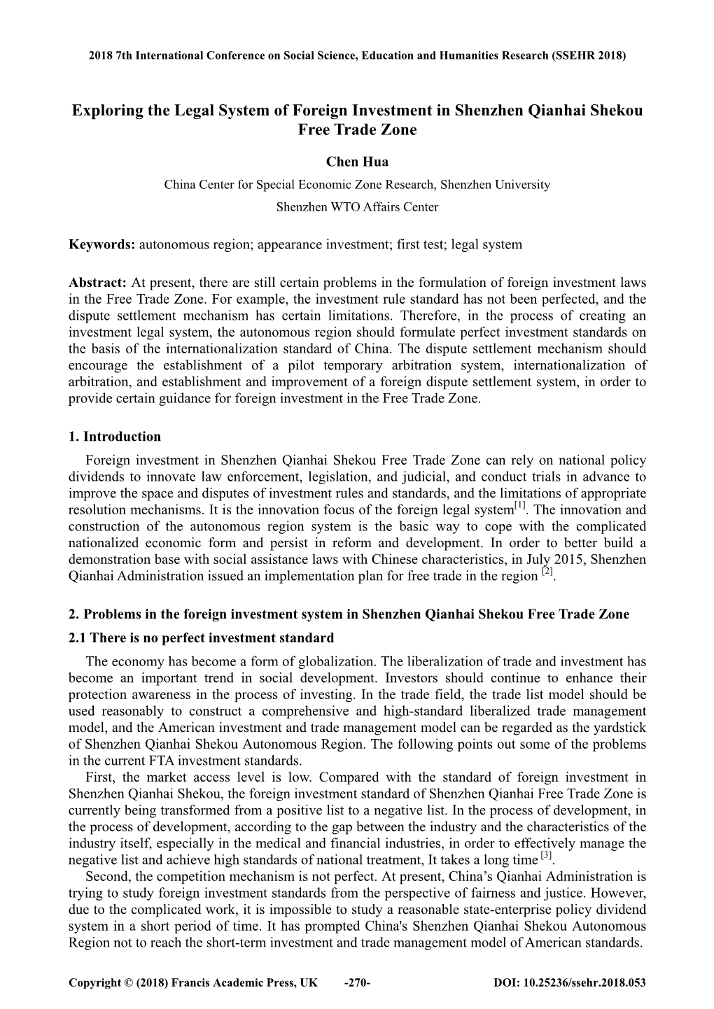 Exploring the Legal System of Foreign Investment in Shenzhen Qianhai Shekou Free Trade Zone