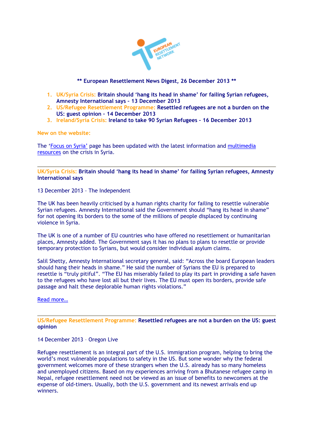 Eu Resettlement News Digest 26 December 2013