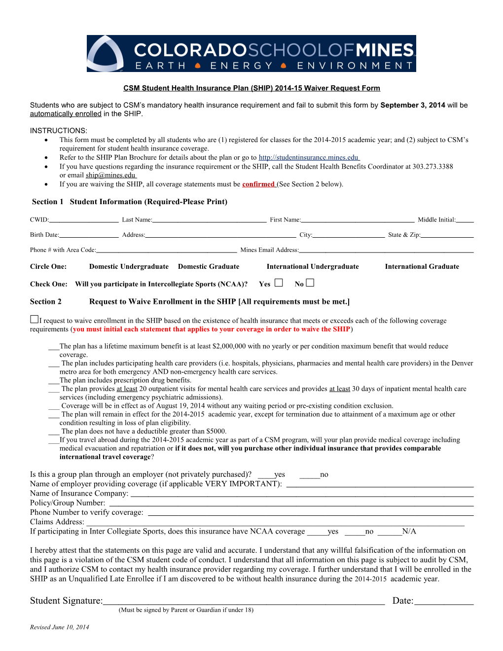 CSM Student Health Insurance Plan (SHIP) 2014-15 Waiver Request Form