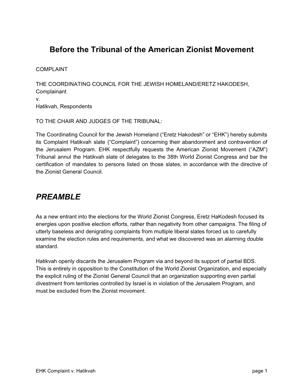 Before the Tribunal of the American Zionist Movement PREAMBLE