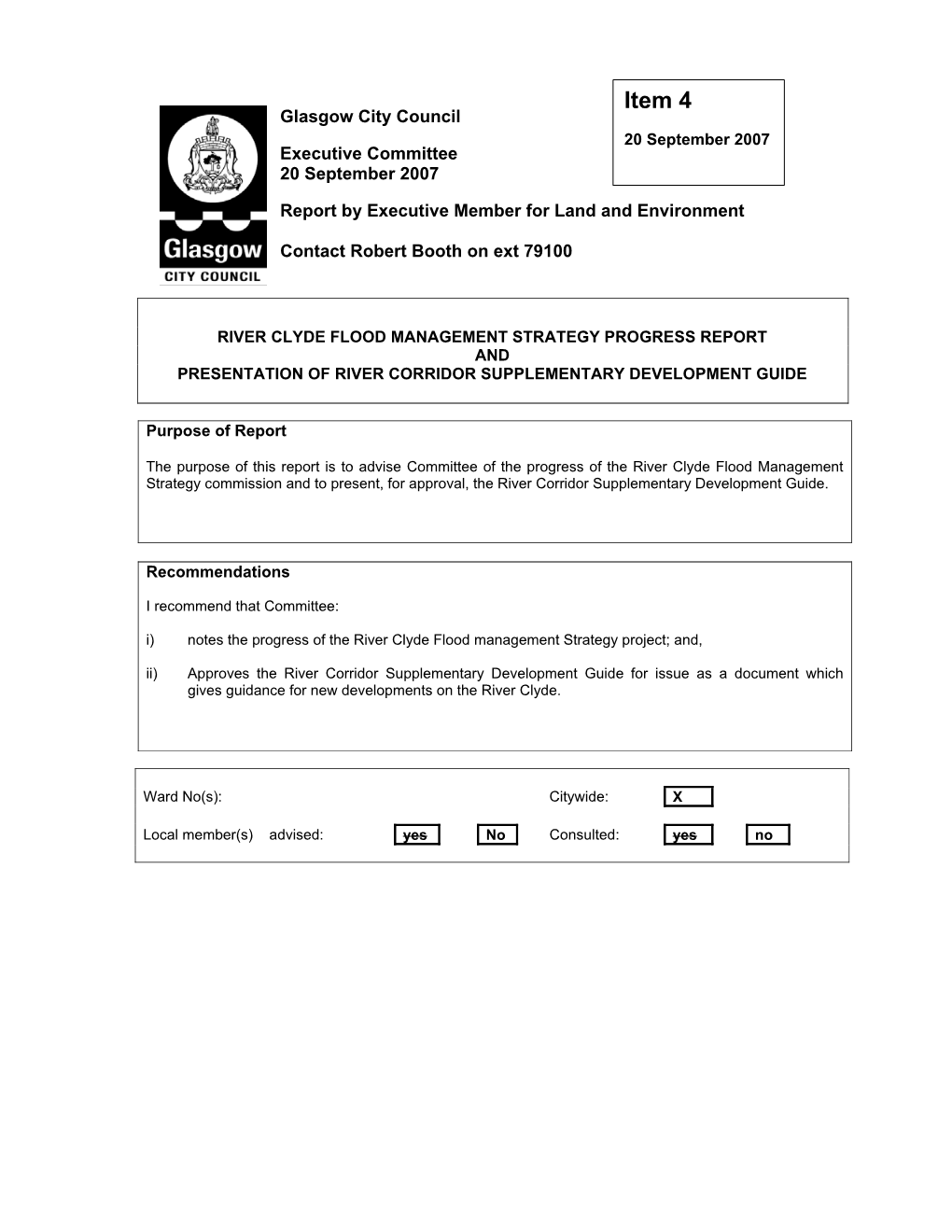 Item 4 Glasgow City Council 20 September 2007 Executive Committee 20 September 2007